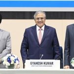 Chief Election Commissioner Gyanesh Kumar, centre front, with Election Commissioners S S Sandhu, left, and Vivek Joshi, right front, during a press conference. (Sanjeev Verma/HT)
