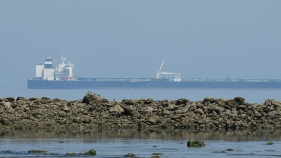A Russian oil tanker carrying waiting to unload, in the Arabian Sea off Gujarat, India, on March 11. (Reuters Photo)