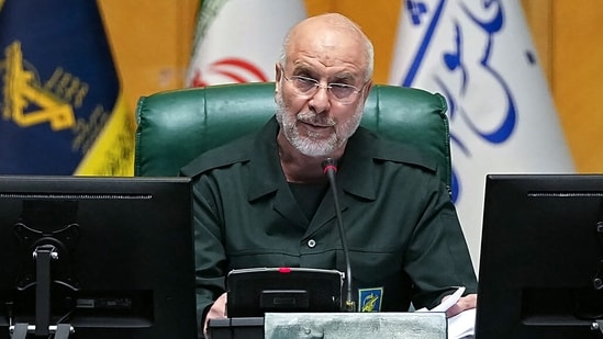Iran’s Parliament Speaker Mohammad Bagher Ghalibaf, dressed in an IRGC uniform, chairs a session in Tehran on February 1, 2026, (AFP)