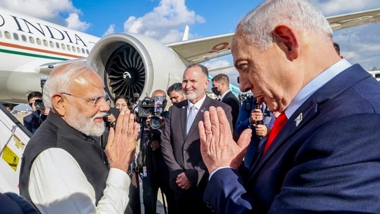 Prime Minister Narendra Modi being greeted by his Israeli counterpart Benjamin Netanyahu as he concludes his visit to Israel. (@MEAIndia)