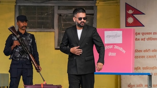 Rastriya Swatantra Party (RSP) prime ministerial candidate and former Kathmandu Mayor Balendra Shah while casting his vote in the Nepal general elections, in Kathmandu. (PTI Photo/Arun Sharma) (PTI)