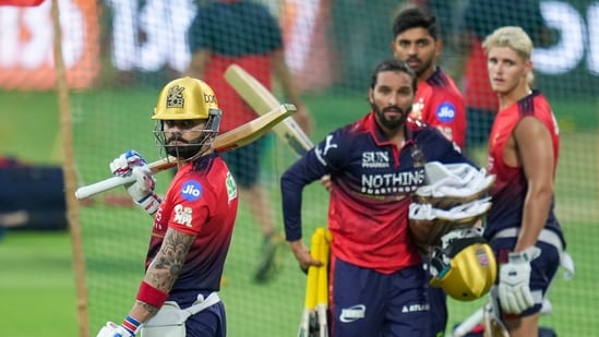 Royal Challengers Bengaluru’s Virat Kohli, captain Rajat Patidar, and others during a practice session ahead of the Indian Premier League (IPL) 2026 cricket match against Sunrisers Hyderabad, at M Chinnaswamy Stadium in Bengaluru, on Thursday, March 26. (PTI Photo)