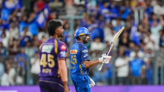 Mumbai Indians’ Rohit Sharma celebrates his half century during an Indian Premier League (IPL) 2026 T20 cricket match between Mumbai Indians and Kolkata Knight Riders (PTI)