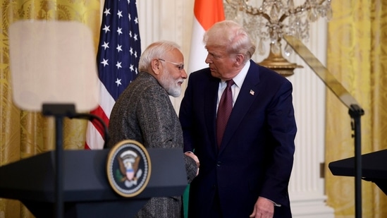 US President Donald Trump and PM Narendra Modi during a news conference in the East Room of the White House in Washington DC (Bloomberg)