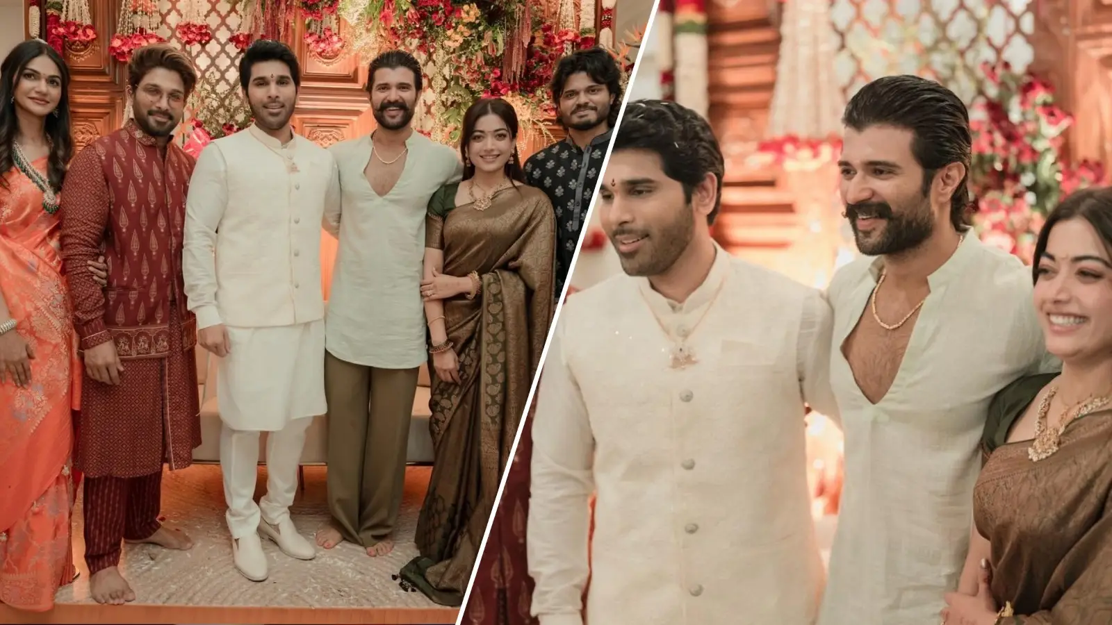 Pushpa With Srivalli! Newlyweds Rashmika Mandanna-Vijay Deverakonda Get Clicked With Allu Arjun At Allu Sirish’s Pre-Wedding Function