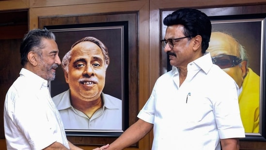 DMK president and Tamil Nadu chief minister MK Stalin meets Makkal Needhi Maiam (MNM) MP Kamal Haasan (L), in Chennai on Tuesday (@mkstalin X/ANI Photo)