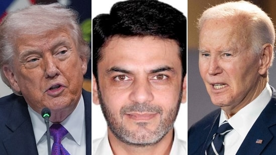 (L-R) = US President Donald Trump, Pakistani businessman on trial Asif Merchant and former President Joe Biden