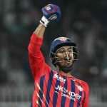 Mukul Choudhary celebrates after getting the winning runs against KKR for LSG. (AFP)