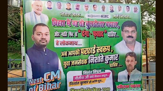 JD(U) workers display posters in support of party leader and Bihar CM Nitish Kumar’s son Nishant Kumar. The posters read “Next CM of Bihar…”, in Patna on Sunday (ANI Video Grab)