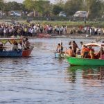 Vrindavan: Rescue personnel conduct a search operation in the Yamuna River after a boat carrying pilgrims capsized near Kesi Ghat, in Mathura district. (PTI Photo) (PTI)
