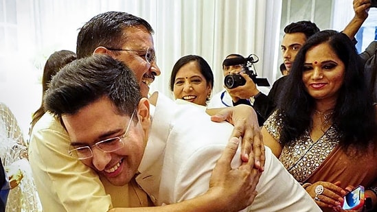 Raghav Chadha is seen with then Delhi Chief Minister Arvind Kejriwal during the former’s engagement ceremony, in New Delhi. (@ArvindKejriwal)
