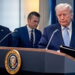 John Ratcliffe, director of the Central Intelligence Agency (CIA), from left, Pete Hegseth, US Secretary of Defence, and US President Donald Trump arrive for a news conference in the James S. Brady Press Briefing Room of the White House in Washington, DC, US, on Monday, April 6, 2026. (Bloomberg)