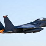 This handout photo released by the US Air Force and Central Command shows a US Air Force F-15E Strike Eagle departing for a combat mission at an undisclosed location on March 16, 2026 during Operation Epic Fury. (AFP)
