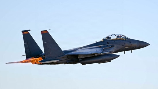 This handout photo released by the US Air Force and Central Command shows a US Air Force F-15E Strike Eagle departing for a combat mission at an undisclosed location on March 16, 2026 during Operation Epic Fury. (AFP)